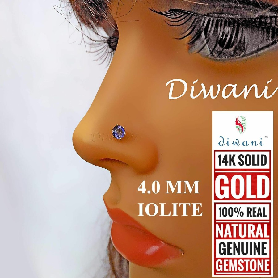 Wholesale DIWANI Diwani 14K Gold 4.0Mm Natural Iolite Gemstone Engagement Wedding Nose Lip Labret Monroe Body Piercing Ring Stud Pin Screw (0.230 Cents, Color- Blue) 18 Gauge Thick 8.0Mm Length Screw Back Post