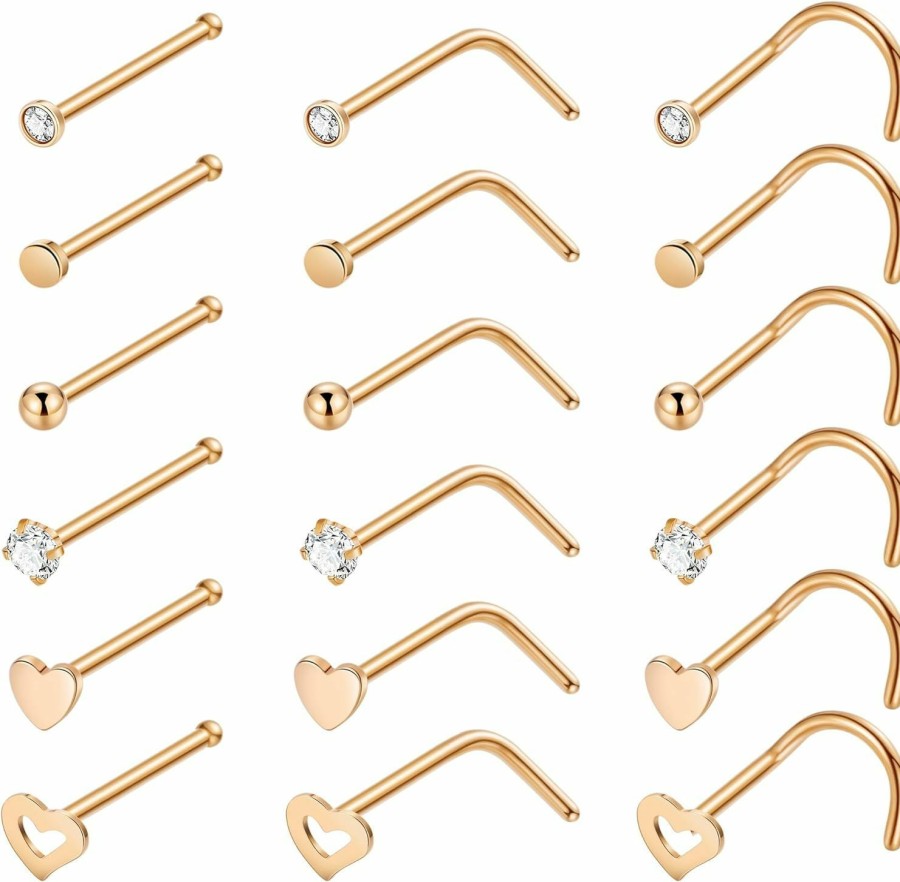 Clearance LOAYHOAY Loayhoay 18Pcs 20G Surgical Steel Nose Rings Stud For Women Men L-Shaped Nose Studs Screw Nose Studs Cubic Zirconia Heart Nostril Nose Piercing Jewelry