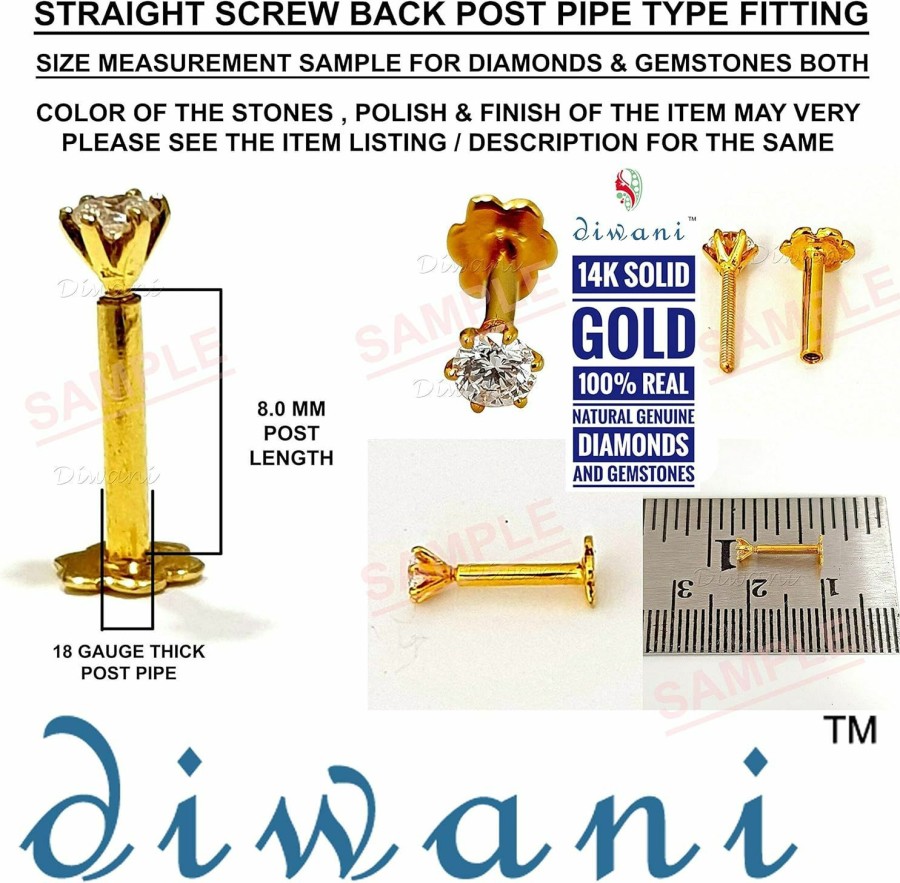 Hot DIWANI Diwani 14K Gold 4.0Mm Natural Pink Tourmaline Gemstone Engagement Wedding Nose Lip Labret Monroe Body Piercing Ring Stud Pin Screw(0.230 Cents, Color- Pink)18 Gauge Thick 8.0Mm Length Screw Back Post