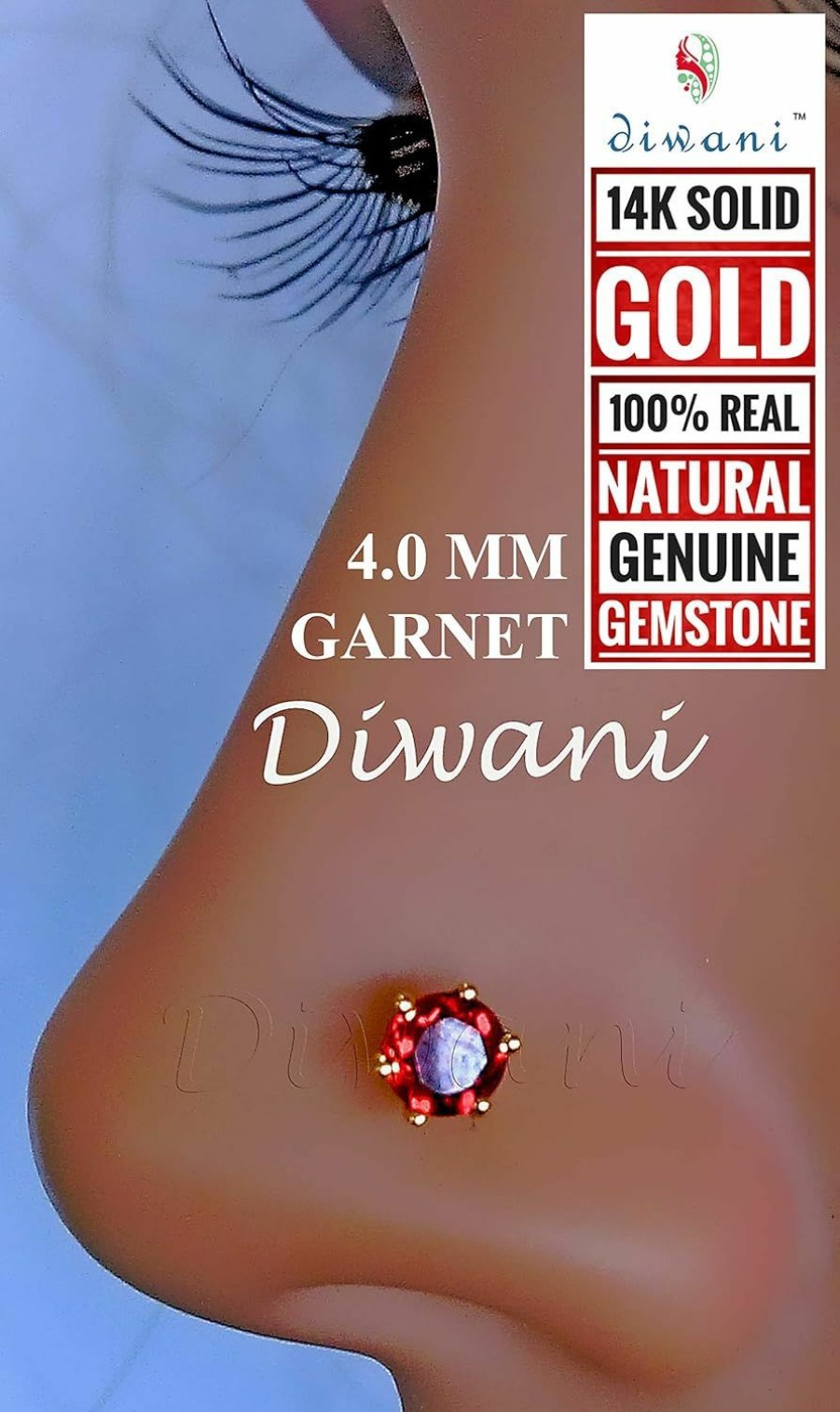 Wholesale DIWANI Diwani 14K Gold 4.0Mm Natural Garnet Gemstone Engagement Wedding Nose Lip Labret Monroe Body Piercing Ring Stud Pin Screw 0.230 Cents Color- Red 18 Gauge Thick 8.0Mm Length Screw Back Post