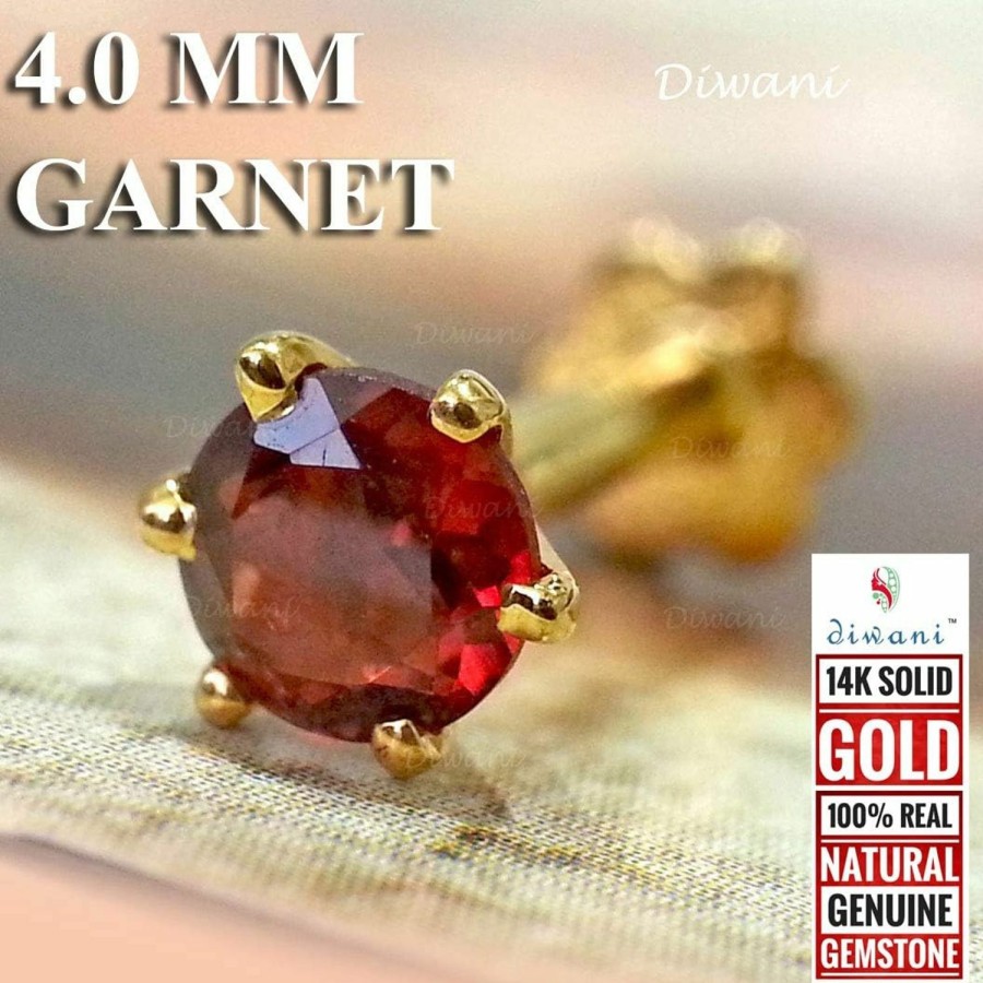 Wholesale DIWANI Diwani 14K Gold 4.0Mm Natural Garnet Gemstone Engagement Wedding Nose Lip Labret Monroe Body Piercing Ring Stud Pin Screw 0.230 Cents Color- Red 18 Gauge Thick 8.0Mm Length Screw Back Post