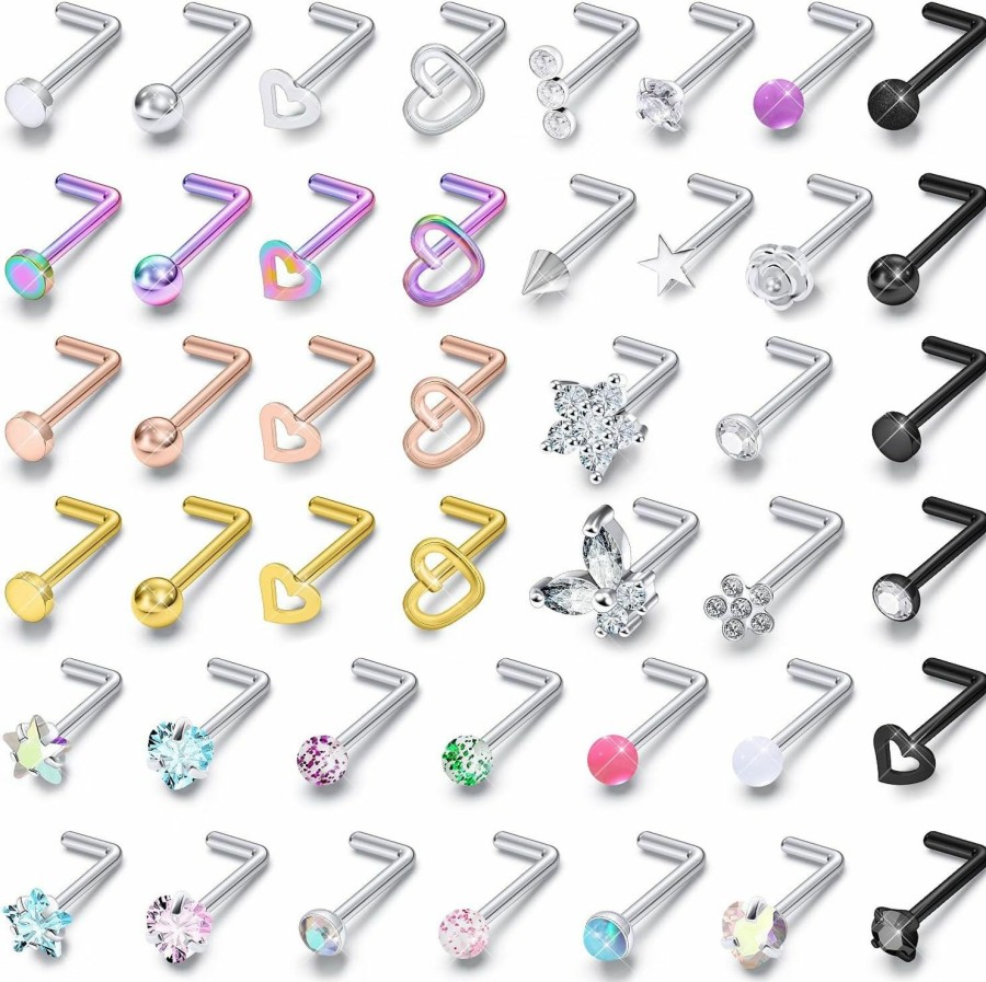 Clearance Prjndjw Prjndjw 44Pcs 20G Nose Rings Studs Nose Rings For Women Nose Piercings Jewelry Surgical Stainless Steel Straight Nose Studs Moon Star Heart Butterfly Hypoallergenic For Men 44Pcs