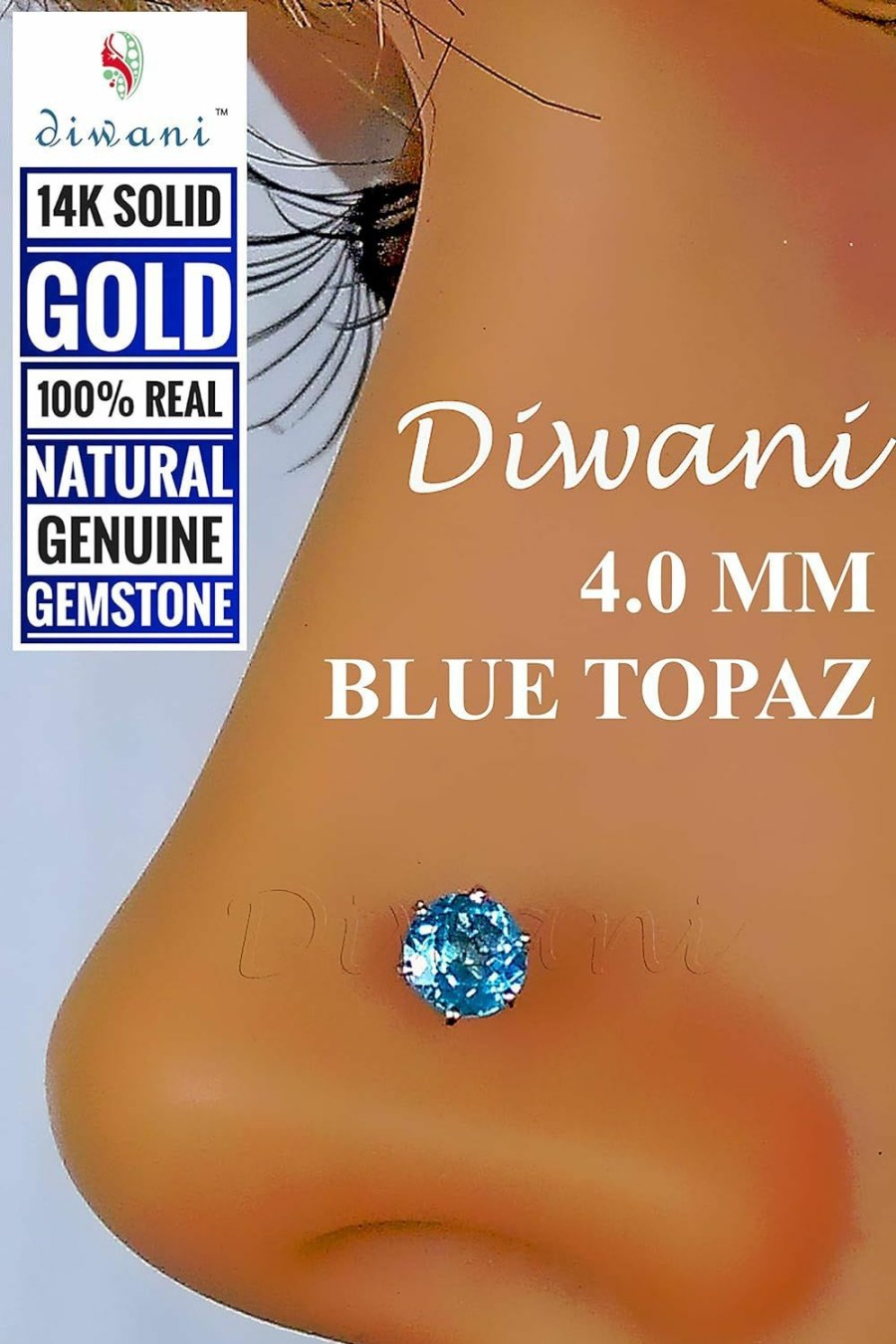 Clearance DIWANI Diwani 14K Gold 4.0Mm Natural Blue Topaz Gemstone Engagement Wedding Nose Lip Labret Monroe Body Piercing Ring Stud Pin Screw (0.230 Cents, Color- Blue) 18 Gauge Thick 8.0Mm Length Screw Back Post