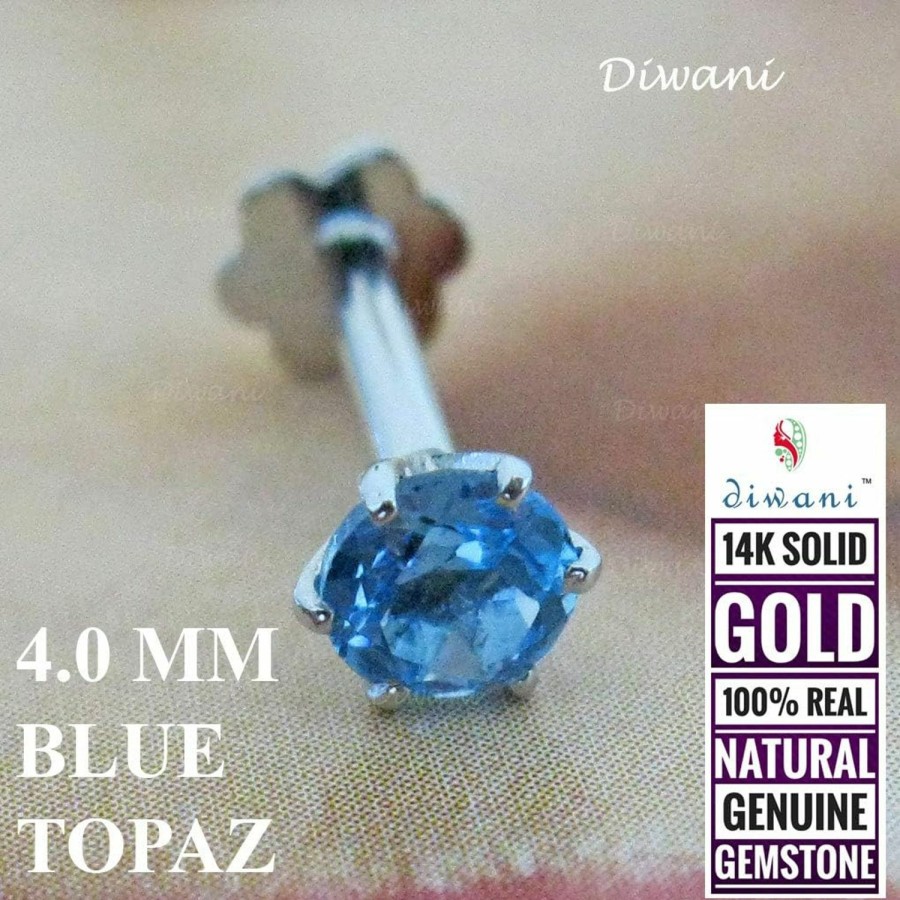 Clearance DIWANI Diwani 14K Gold 4.0Mm Natural Blue Topaz Gemstone Engagement Wedding Nose Lip Labret Monroe Body Piercing Ring Stud Pin Screw (0.230 Cents, Color- Blue) 18 Gauge Thick 8.0Mm Length Screw Back Post