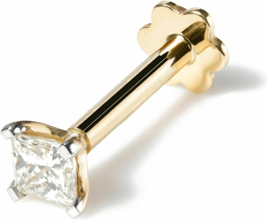 Hot Demira Princess Cut Diamond Nose Stud With 8 Mm Internally Threaded 14K Yellow Gold Screw Post Also Lip Labret Monroe Ring