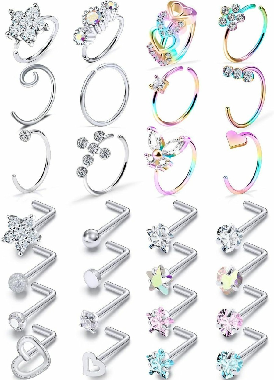 New Prjndjw Prjndjw 20G Nose Rings Studs Hoop Surgical Steel Nose Rings Hoop Heart Cz Flower Nose Piercing Jewelry Nose Rings For Women Straight Bend L Shaped Nose Rings 28Pcs 6.5Mm Nose Piercing Kit Purpke