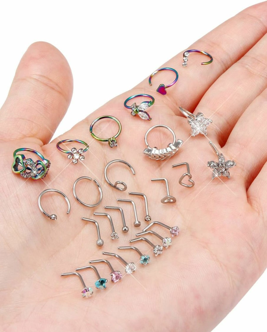 New Prjndjw Prjndjw 20G Nose Rings Studs Hoop Surgical Steel Nose Rings Hoop Heart Cz Flower Nose Piercing Jewelry Nose Rings For Women Straight Bend L Shaped Nose Rings 28Pcs 6.5Mm Nose Piercing Kit Purpke