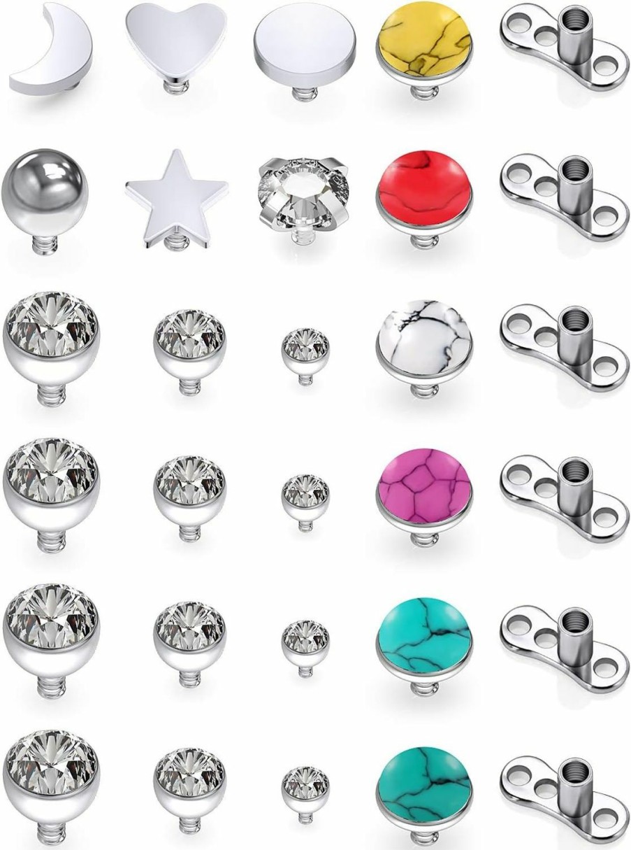 New SCERRING Scerring 14G Dermal Piercing Jewelry Anchor Tops And Base Titanium Microdermals Piercing For Women Men Opal Cz Ball Flat Moon Star Heart 2Mm 3Mm 4Mm 17-30Pcs