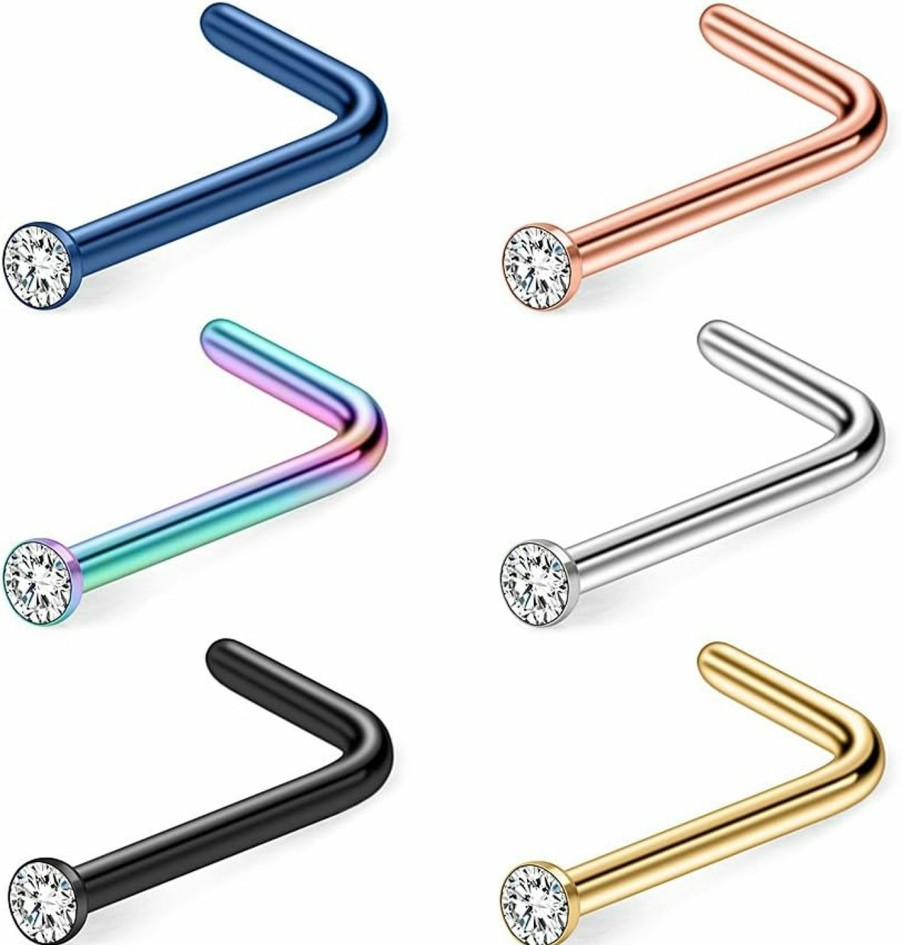 New Ruifan Ruifan 6Pcs 20G Mix Color 316L Surgical Steel Jeweled Clear Diamond Cz Nose Stud Rings L Shaped Piercing Jewelry 1.5Mm 2Mm 2.5Mm 3Mm