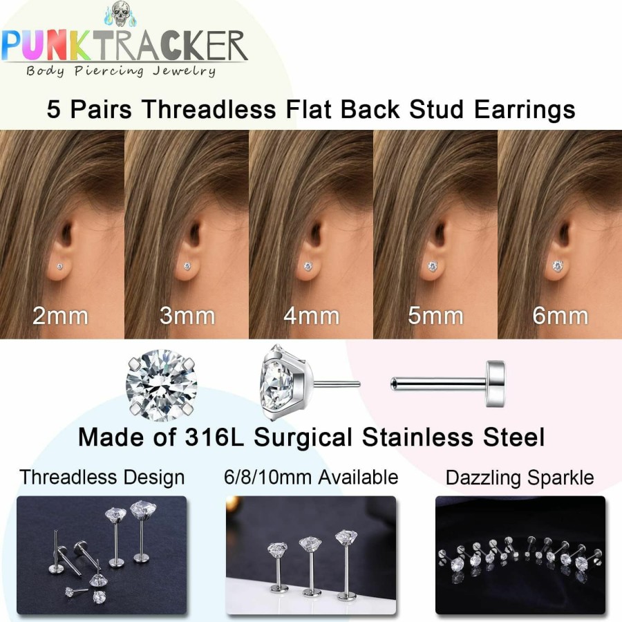 New PunkTracker Punktracker 16G 18G 20G 6/8/10Mm Threadless Piercing Jewelry For Tragus Nose Helix Conch Medusa Lip Labret - Surgical Steel Nose Studs For Women Men