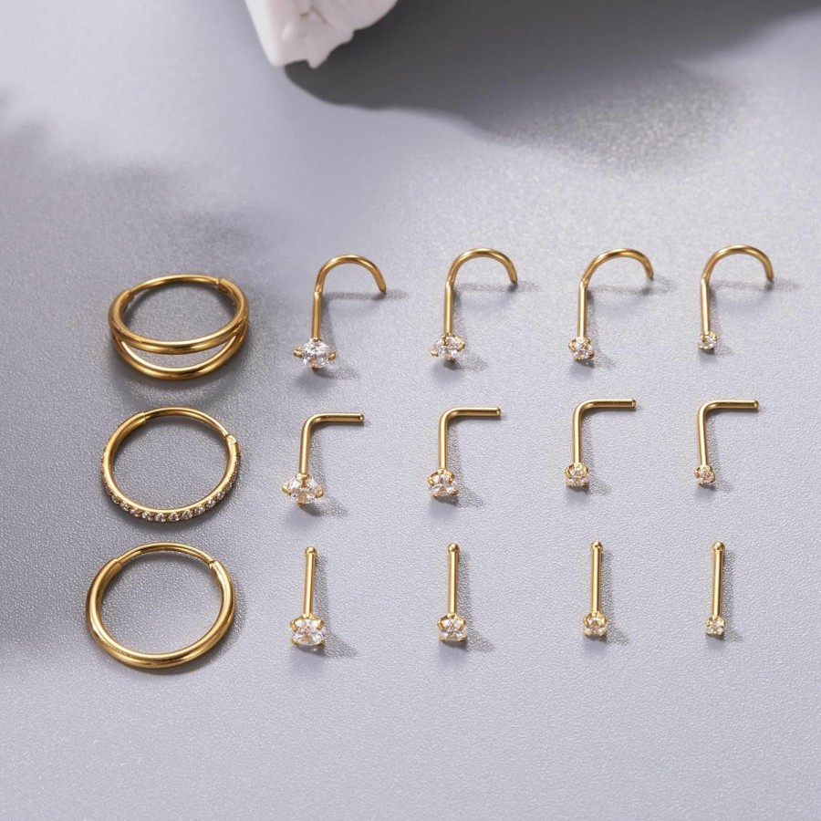 New LOAYHOAY 15Pcs 20G 316L Stainless Steel Nose Rings Hoops For Women Men Screw L Shaped Nose Studs Cz Hinged Segment Clicker Nose Hoops Nose Piercing Jewelry