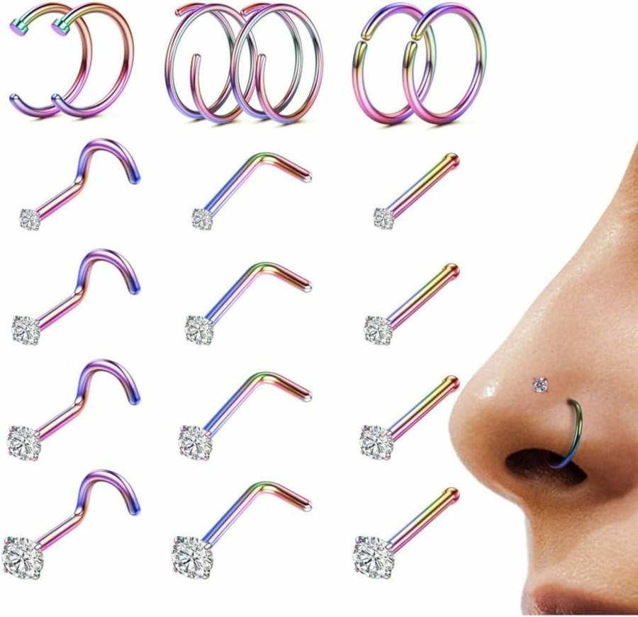 Clearance LOYALLOOK Loyallook 18Pcs Nose Rings Studs - 316L Surgical Steel Gold Nose Studs Double Hoop Nose Ring For Women Men 18G/20G Nose Rings Stud Hypoallergenic Nose/Body Piercing Jewelry 1.5Mm 2Mm 2.5Mm 3Mm Clear Cz