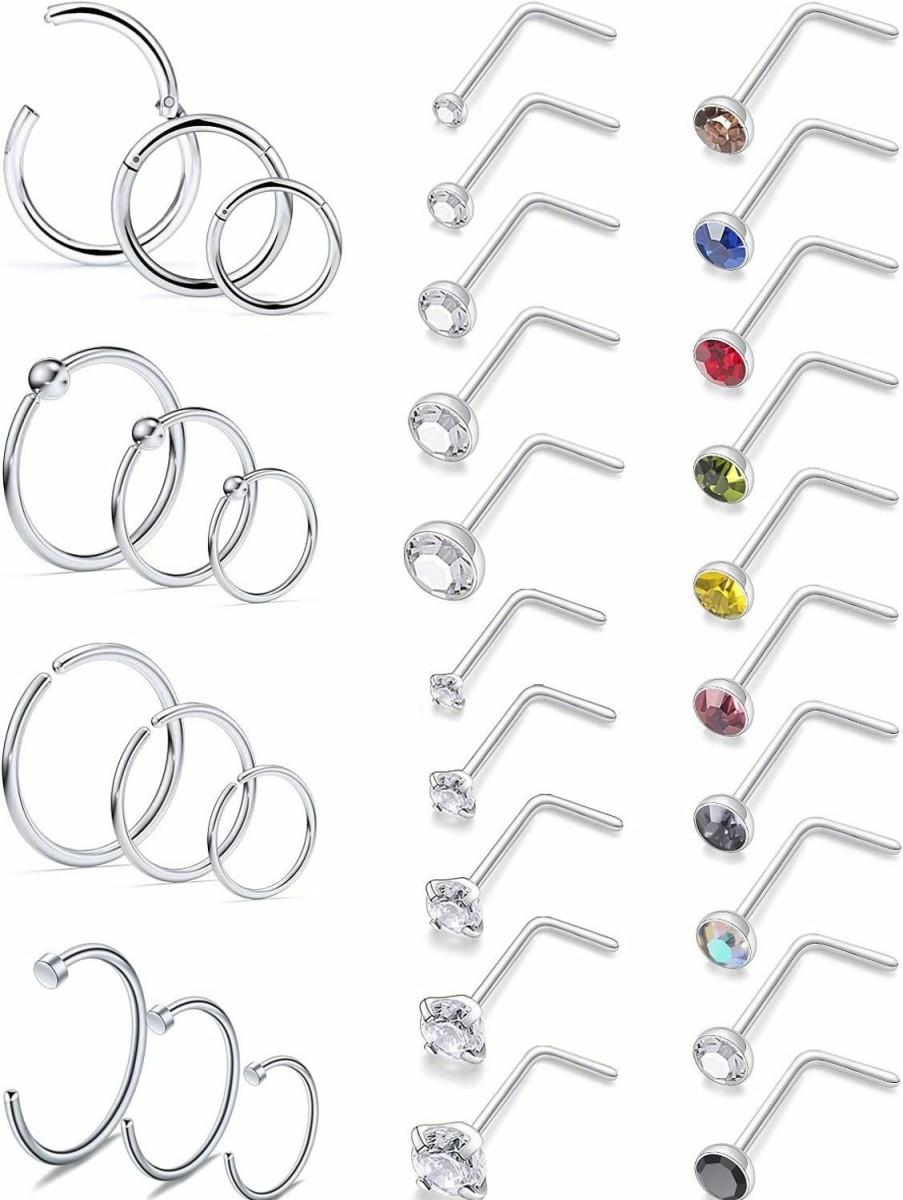 Wholesale SCERRING Scerring 18 Gauge Nose Rings Hoop Stainless Steel Bone L Shaped Screw 1.5-4Mm Cz Nose Studs Cartilage Daith Tragus Ear Piercing Ring Hoop Body Jewelry Set 6-32Pcs