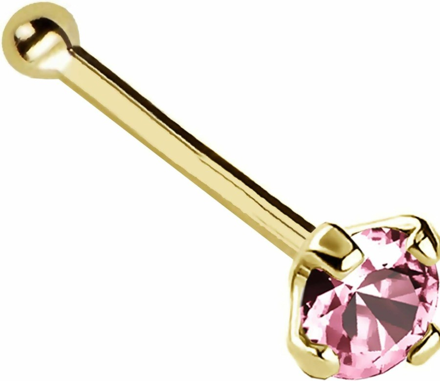 Wholesale Jewelry Avalanche Jewelry Avalanche 22G Solid 14Kt Gold Nose Bone Stud With Prong Set Real Pink Tourmaline Gemstone, 14Kt Yellow Gold Or 14Kt White Gold - October Birthstone Nose Ring