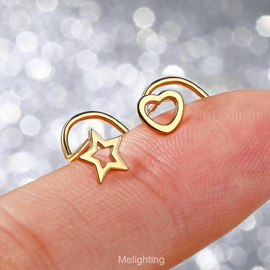 Wholesale Melighting Meiighting Gold Nose Stud 20G Heart Nose Ring 14K Solid Gold Star Nose Piercing Jewelry For Women Real Gold Nose Screw Piercing For Women