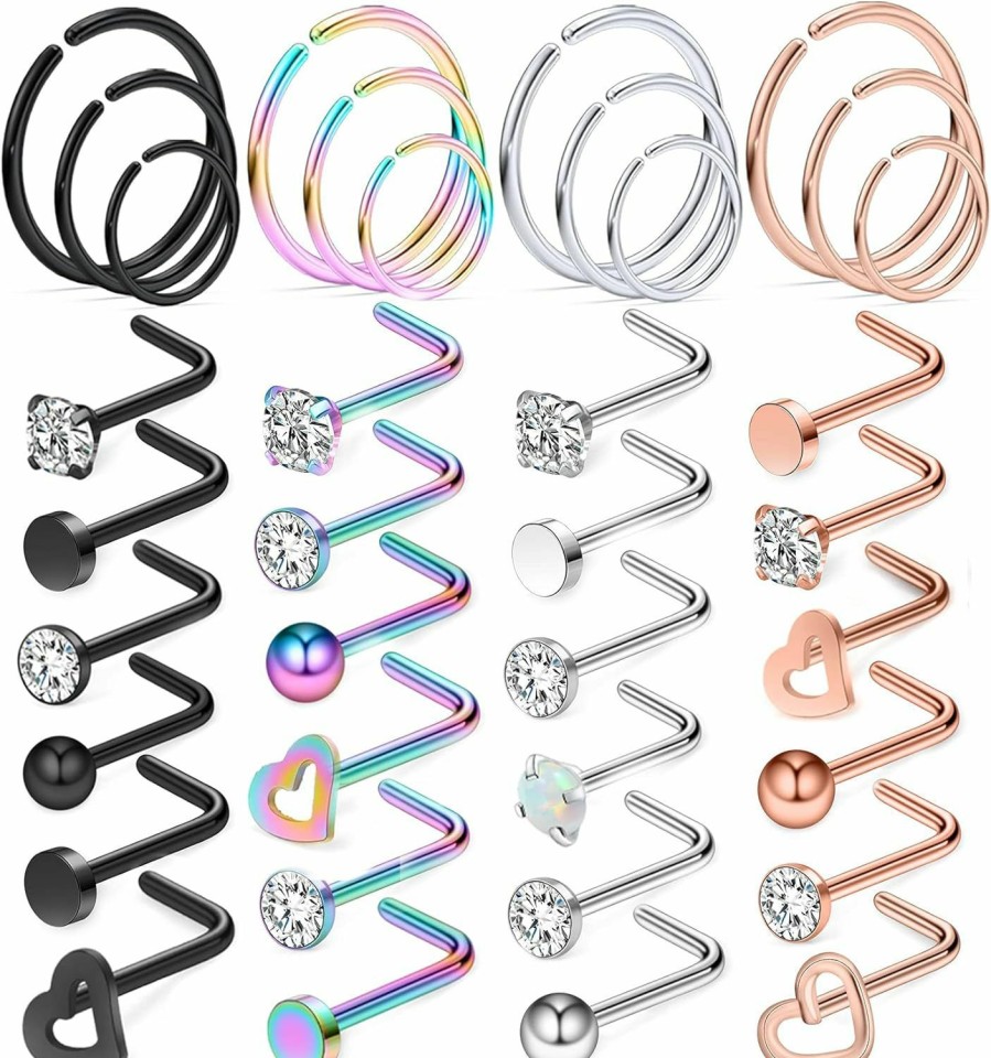 Best Yaalozei Yaalozei 18G 20G 22G Nose Rings Studs 316L Surgical Steel Hypoallergenic L Shape Screw Nose Rings Nose Hoop Diamond Heart Nostril Nose Piercing Jewelry For Women Men Silver Rose Gold Black Rainbow