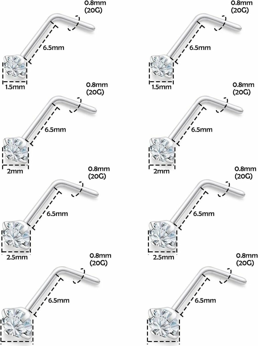 Clearance Generic Lsnevsie 18G 20G 22G Surgical Steel Opal Nose Rings Studs For Women Men Nose Piercing Jewelry Top Diamond 1.5Mm 2Mm 2.5Mm 3Mm 16Pcs