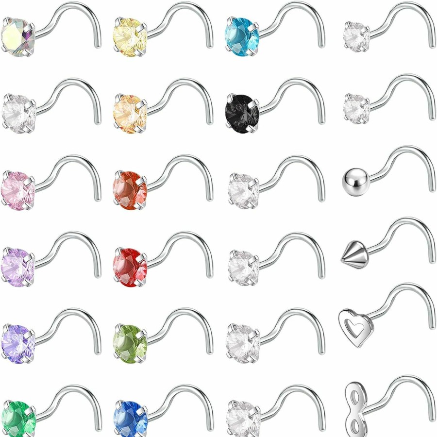 Hot BodyAce Bodyace 24Pcs Surgical Stainless Steel Nose Rings Studs, 20G Nostril Ring Nose Stud For Women Men, Mix Color Diamond Cz Nose Piercing Jewerly