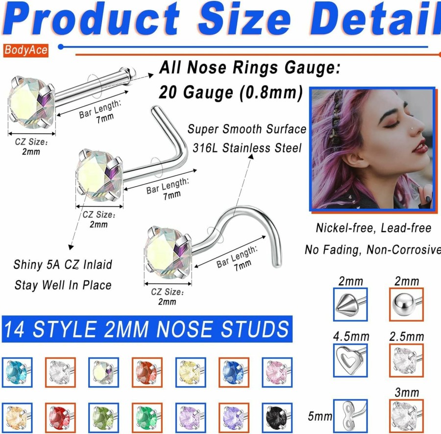 Hot BodyAce Bodyace 24Pcs Surgical Stainless Steel Nose Rings Studs, 20G Nostril Ring Nose Stud For Women Men, Mix Color Diamond Cz Nose Piercing Jewerly