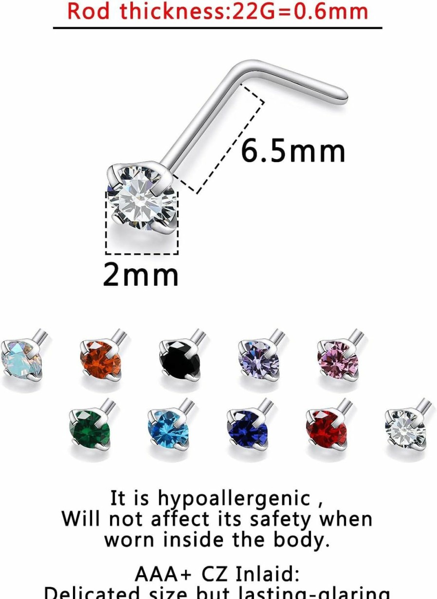 Online Lsnevsie Lsnevsie 18G 20G 22G Titanium Nose Rings Studs For Women Men G23 Nose Piercing Jewelry Top Diamond 1.5Mm 2Mm 2.5Mm 3Mm 10Pcs