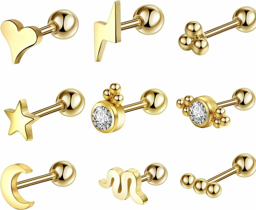 Wholesale Toppiercing Toppiercing 9 Pcs Stainless Steel Stud Earrings Set 20G Screw Back Ball Tragus Stud Cz Rhinestone Cartilage Earrings Helix Ear Piercing Jewelry