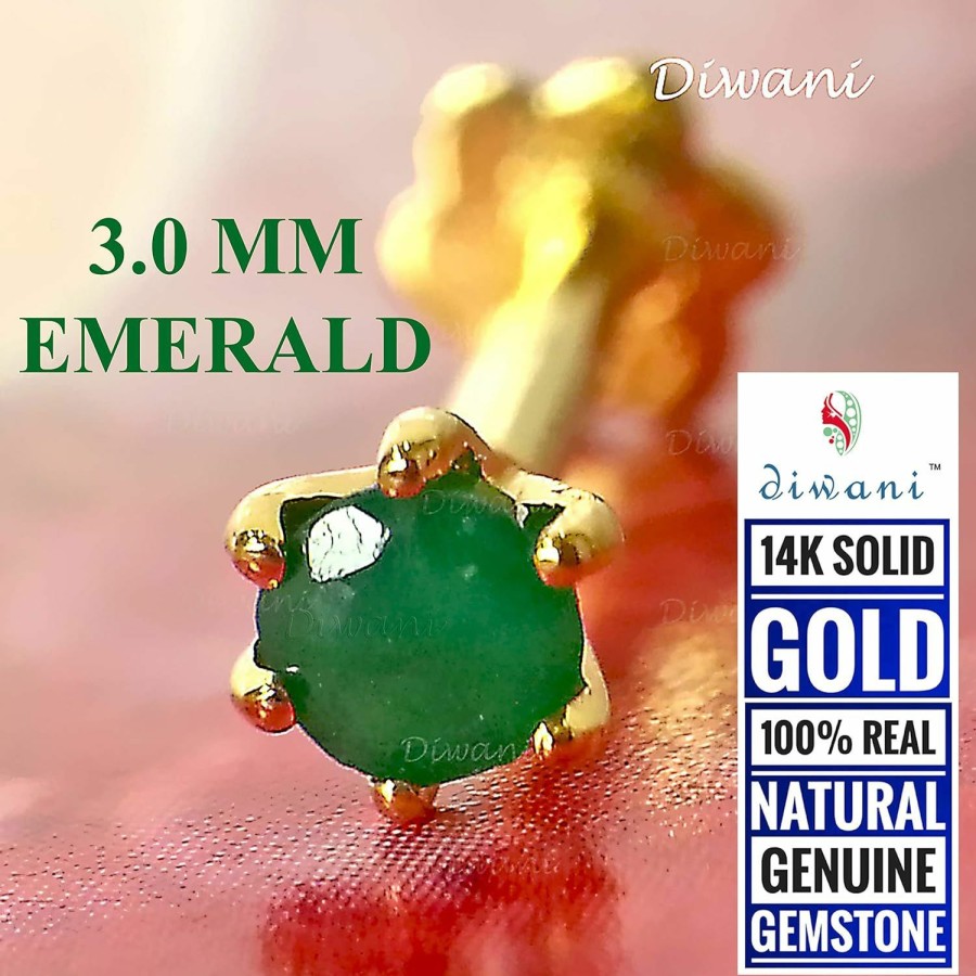 Clearance DIWANI Diwani 14K Gold 3.0Mm Natural Emerald Gemstone Engagement Wedding Nose Lip Labret Monroe Body Piercing Ring Stud Pin Screw (0.120 Cents, Color- Green) 18 Gauge Thick 8.0Mm Length Screw Back Post