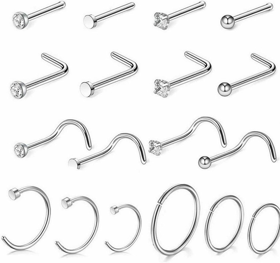 Best Pingyongchang Nose Rings Hoops, Nose Stud, 20 Gauge Nose Ring Hoop, Surgical Steel Nose Piercing Jewelry, 18 Gauge Nose Stud Set, Body Jewelry Set,L Shaped Nose Ring For Women Men,Nose Jewelry 18 Pieces