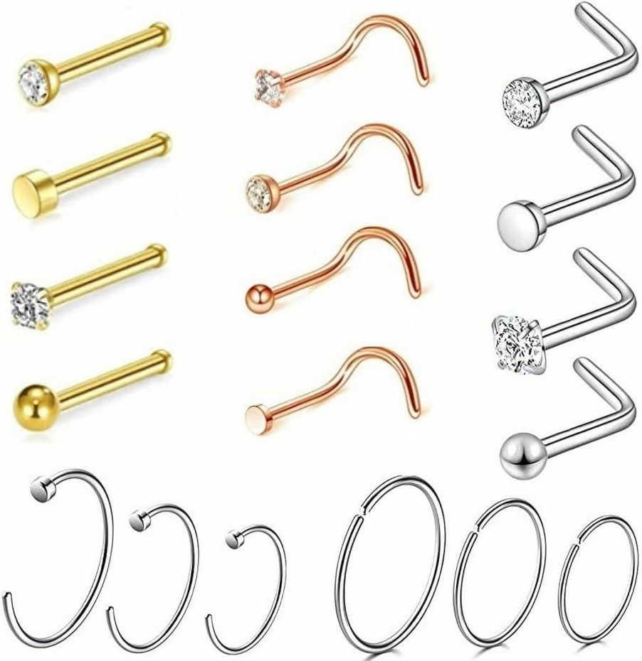 Best Pingyongchang Nose Rings Hoops, Nose Stud, 20 Gauge Nose Ring Hoop, Surgical Steel Nose Piercing Jewelry, 18 Gauge Nose Stud Set, Body Jewelry Set,L Shaped Nose Ring For Women Men,Nose Jewelry 18 Pieces