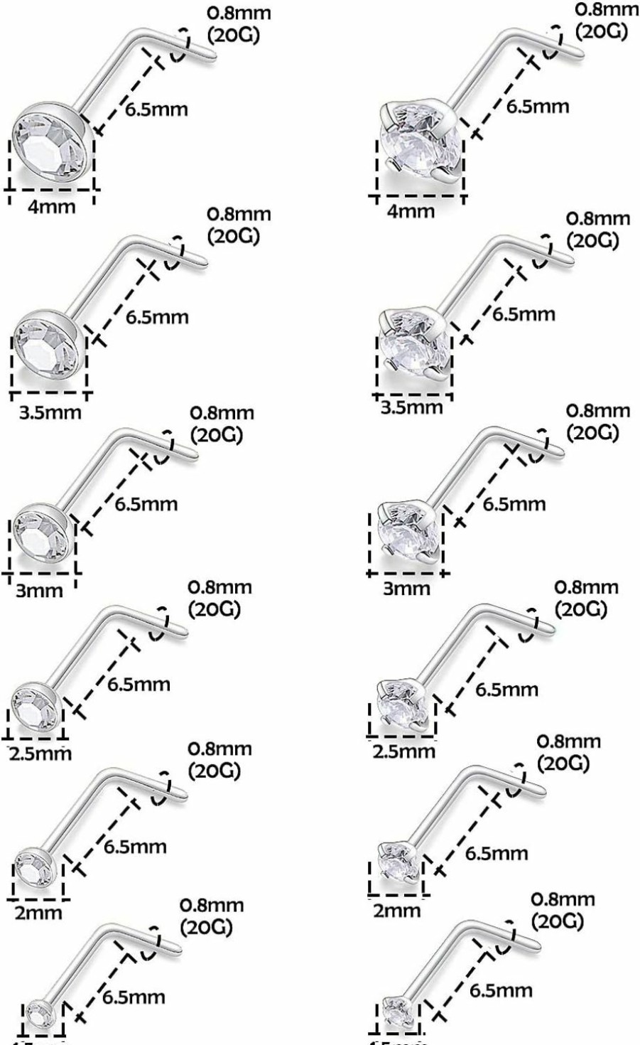 Online Generic Lsnevsie 18G 20G 22G Surgical Steel Opal Nose Rings Studs For Women Men Nose Piercing Jewelry Top Diamond 1.5Mm 2Mm 2.5Mm 3Mm 3.5Mm 4Mm 24Pcs