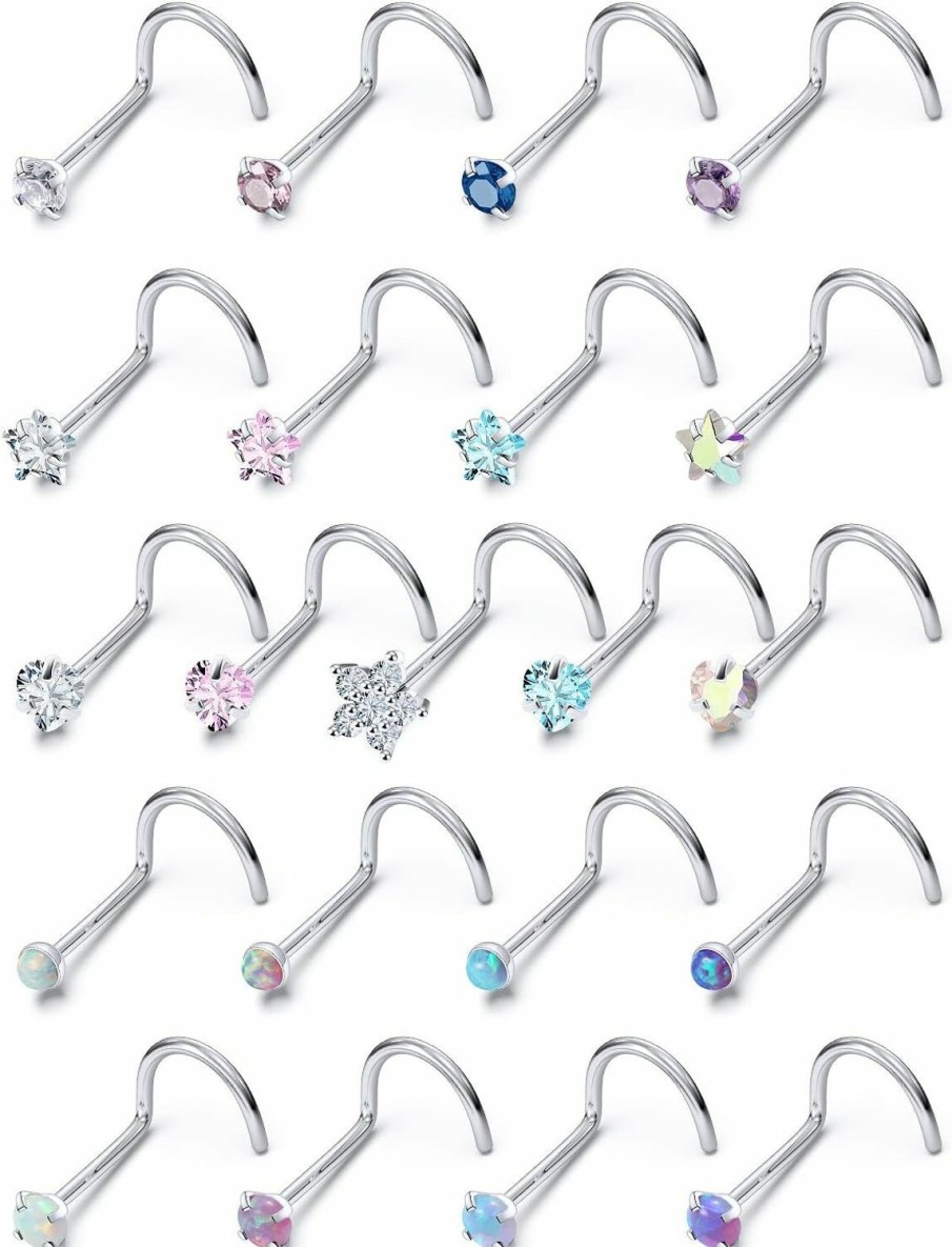 New Prjndjw Prjndjw 20G Nose Rings Studs For Women Men Surgical Steel Hypoallergenic Indian Nose Ring Cute Cz Diamond Small Silver Heart Star Opal L Shape 20 Gauge Hight Nostril Nose Piercing Jewelry 21Pcs