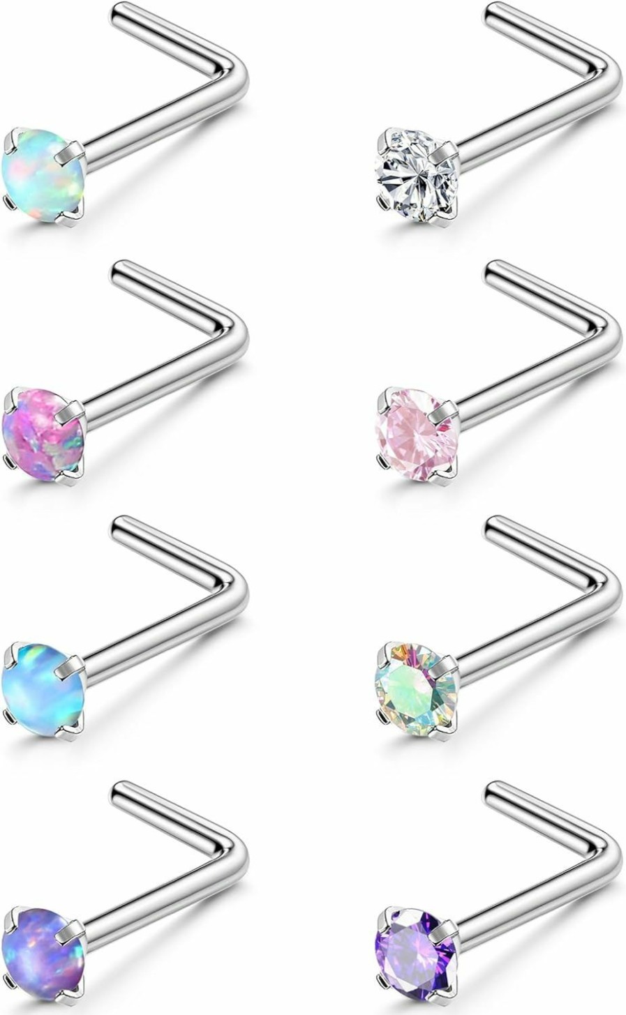 New LOYALLOOK Loyallook 8Pcs Nose Rings Studs Titanium Nose Rings Cz Opal L Shaped Screw Studs Rings For Women Nose Screw Studs 18G/20G Samll Nose Stud Corkscrew Nose Rings Piercing Jewelry, 2Mm