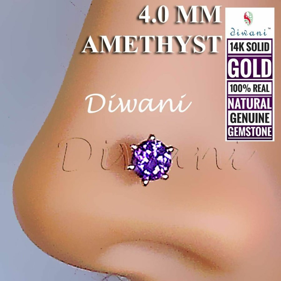 New DIWANI Diwani 14K Gold 4.0Mm Natural Amethyst Gemstone Engagement Wedding Nose Lip Labret Monroe Body Piercing Ring Stud Pin Screw (0.230 Cents, Color- Purple) 18 Gauge Thick 8.0Mm Length Screw Back Post