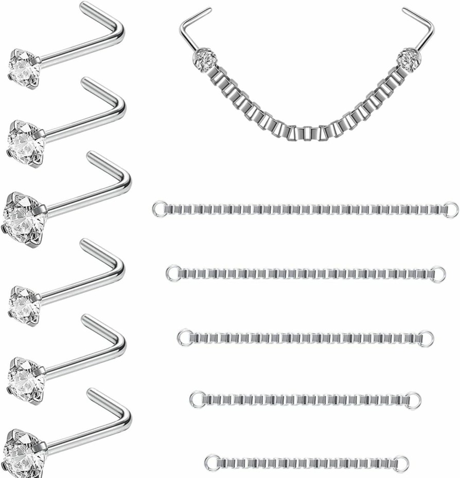 Clearance ZS Zs 20G L Shaped Nose Studs With Chain, 2Mm Cz Corkscrew Nose Rings Studs, Stainless Steel Double Nose Piercing Jewelry For Women