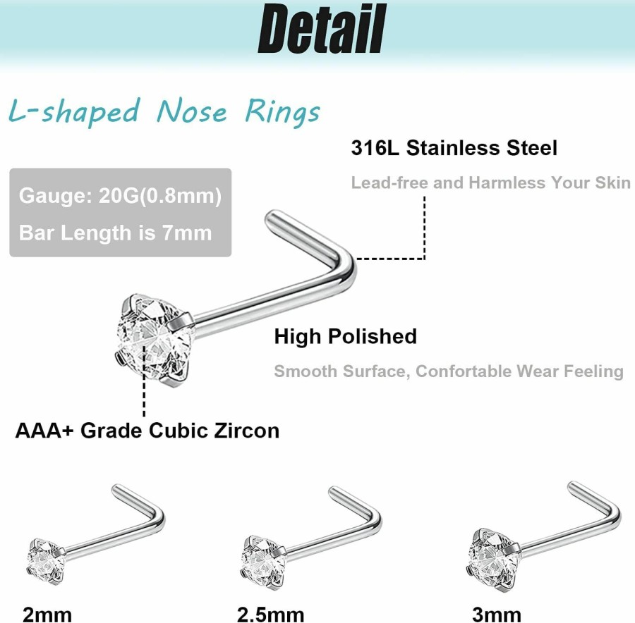 Clearance ZS Zs 20G L Shaped Nose Studs With Chain, 2Mm Cz Corkscrew Nose Rings Studs, Stainless Steel Double Nose Piercing Jewelry For Women