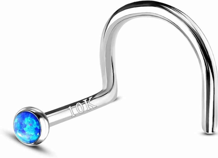 Best COCHARM Cocharm 10K White Gold Nose Stud 20G Blue Opal Screw Nose Stud For Women Men White Gold Cute Twist Nose Stud