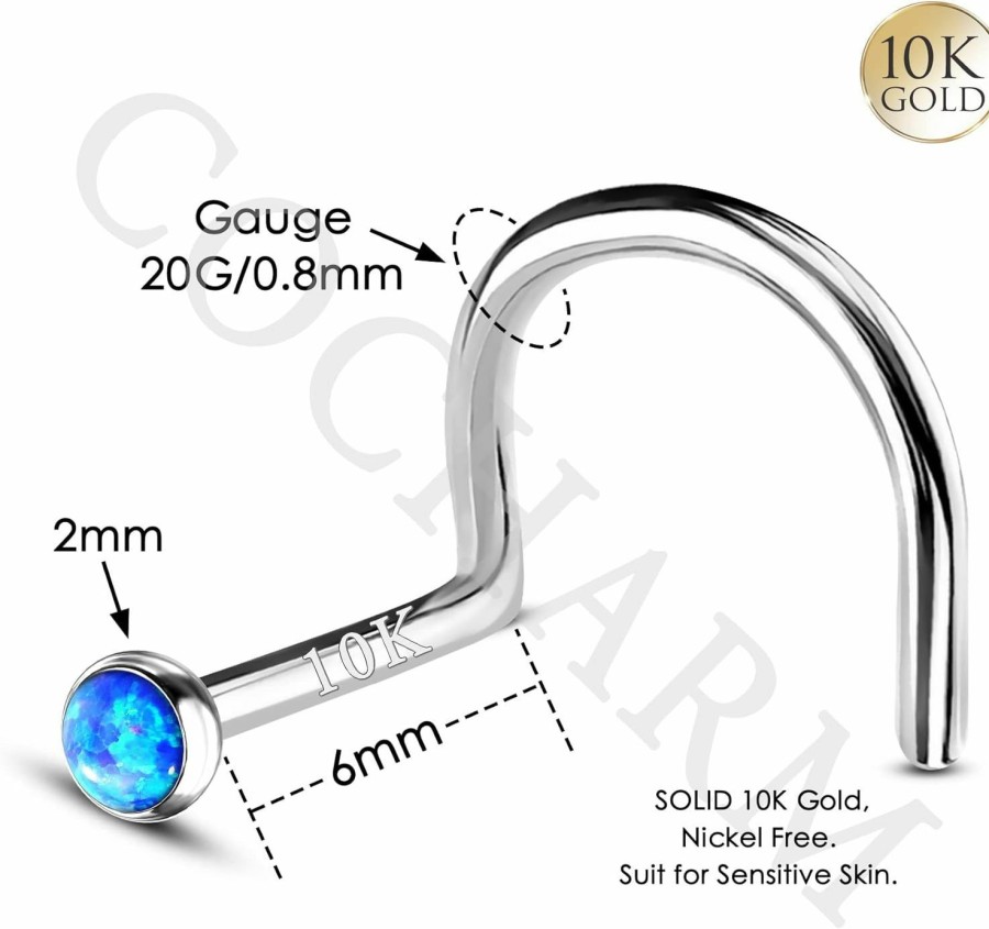 Best COCHARM Cocharm 10K White Gold Nose Stud 20G Blue Opal Screw Nose Stud For Women Men White Gold Cute Twist Nose Stud