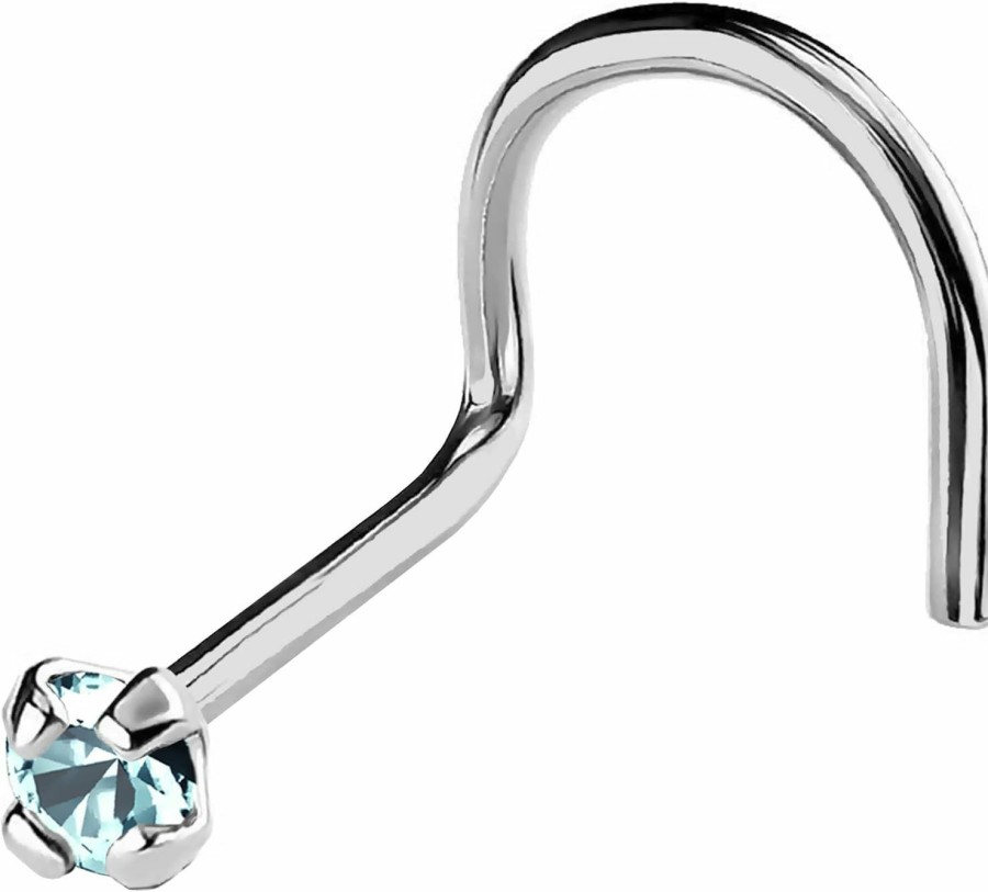 Online Jewelry Avalanche Jewelry Avalanche 22G Solid 14Kt Gold Nose Screw Stud With Prong Set Real Aquamarine Gemstone, 14Kt Yellow Gold Or 14Kt White Gold - March Birthstone Nose Ring