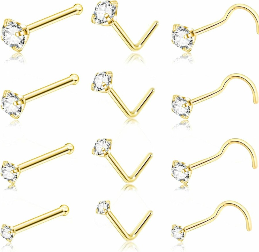 New DAILI Daili 20G Gold Nose Rings Studs: Surgical Steel L Shaped Nose Studs Hypoallergenic Corkscrew Nose Rings Tiny Cz Bone Zircon Nose Stud Set For Women Men (12Pcs)