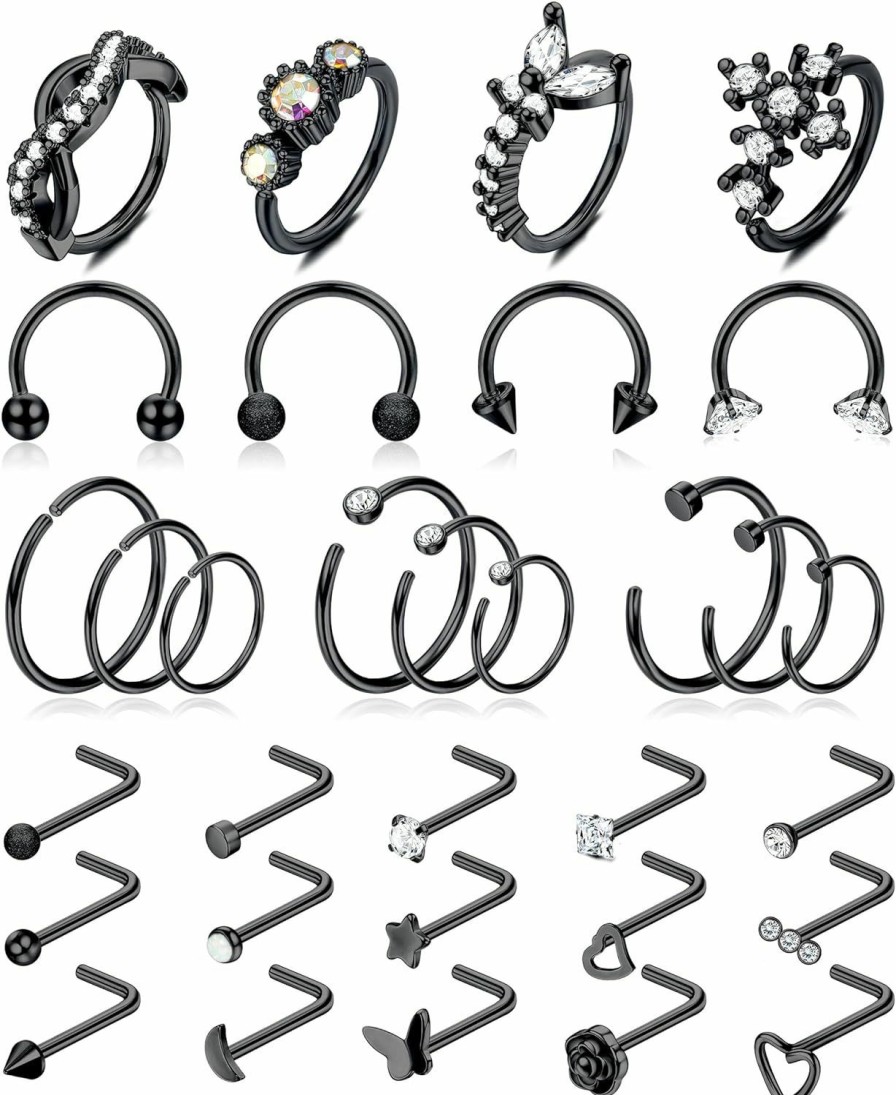 New VALDEAS Valdeas 32Pcs 20G Nose Rings Stainless Steel Cz Heart Nostril Nose Piercing Jewelry L Shaped Nose Rings Stud Screw Cartilage Helix Tragus Earrings Piercing Hoop For Women Men