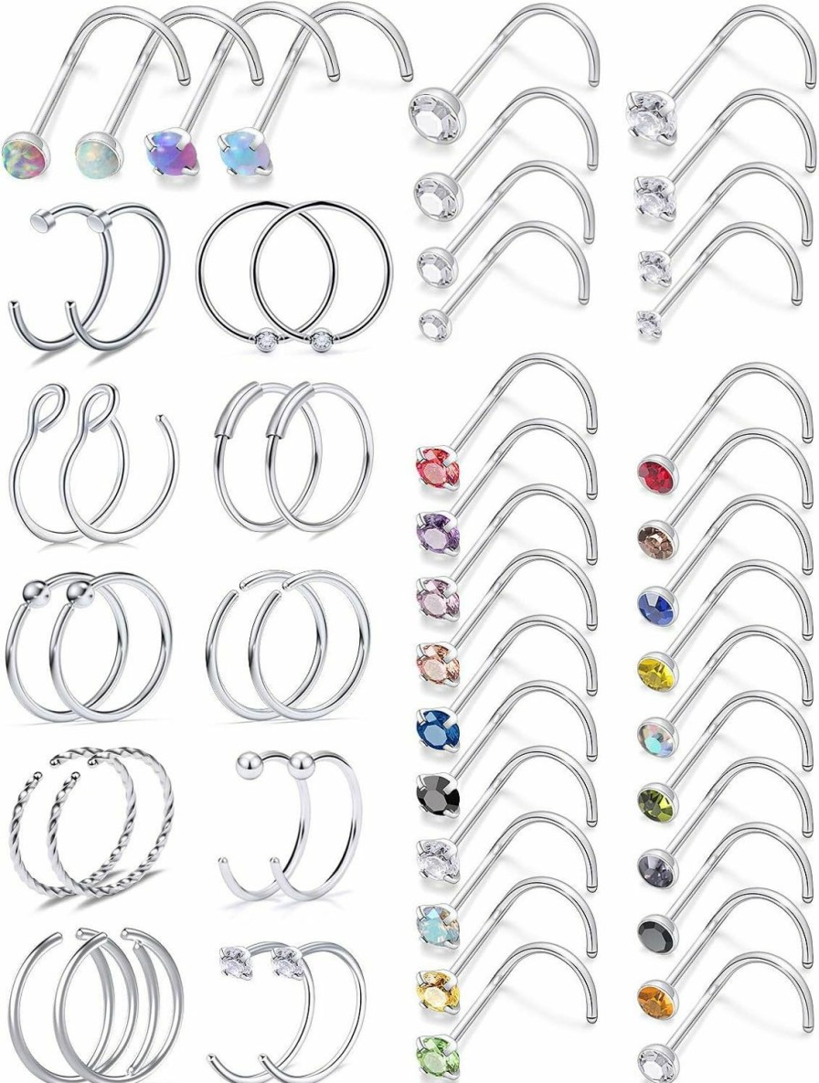 Clearance Boernfnso Boernfnso 18G 20G Nose Rings For Women Surgical Steel Nose Rings Hoops Nose Piercing Jewelry,L Shaped Nose Rings, Corkscrew Nose Ring Studs,Opal Nose Ring Cz Straight Nose Studs,Cute Nose Rings,Silver