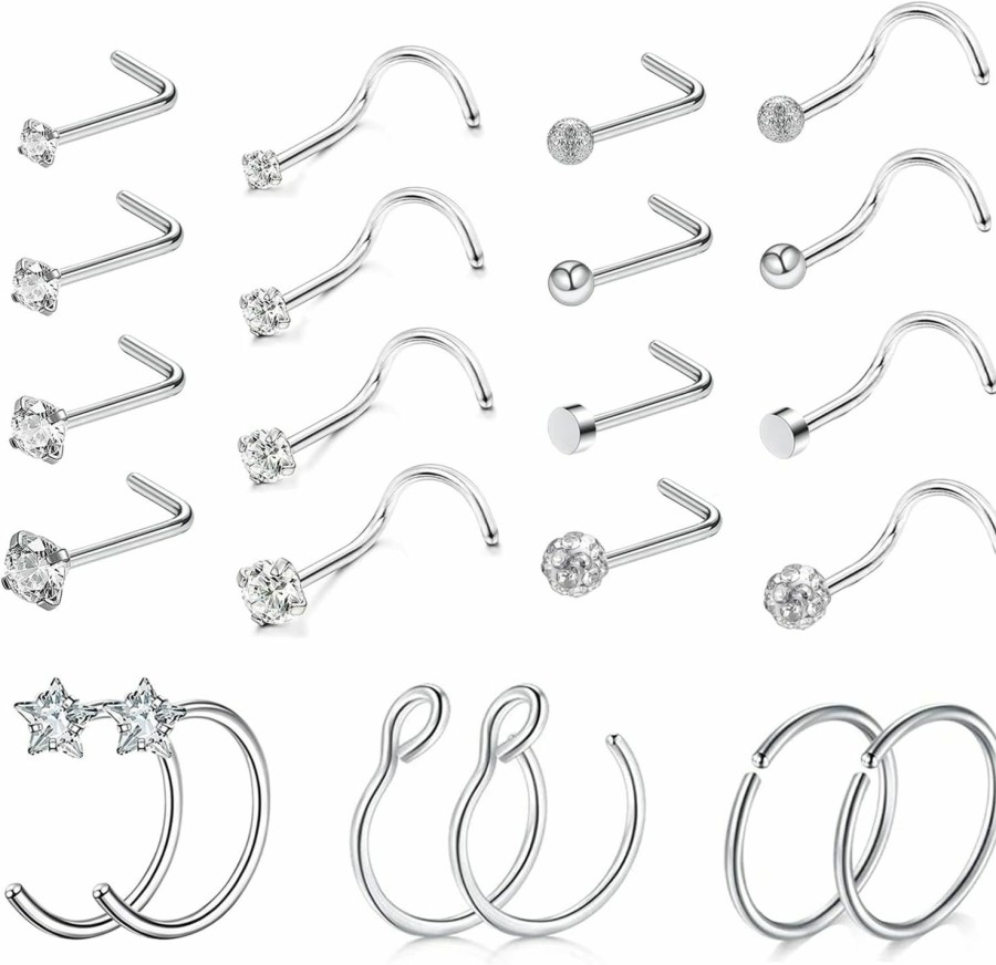 Wholesale ZS Zs 20G Nose Rings For Women - 20Pcs L Shaped Nose Stud, Stainless Steel 8Mm Nose Rings Hoop, Cz Nose Screw Piercing Jewelry