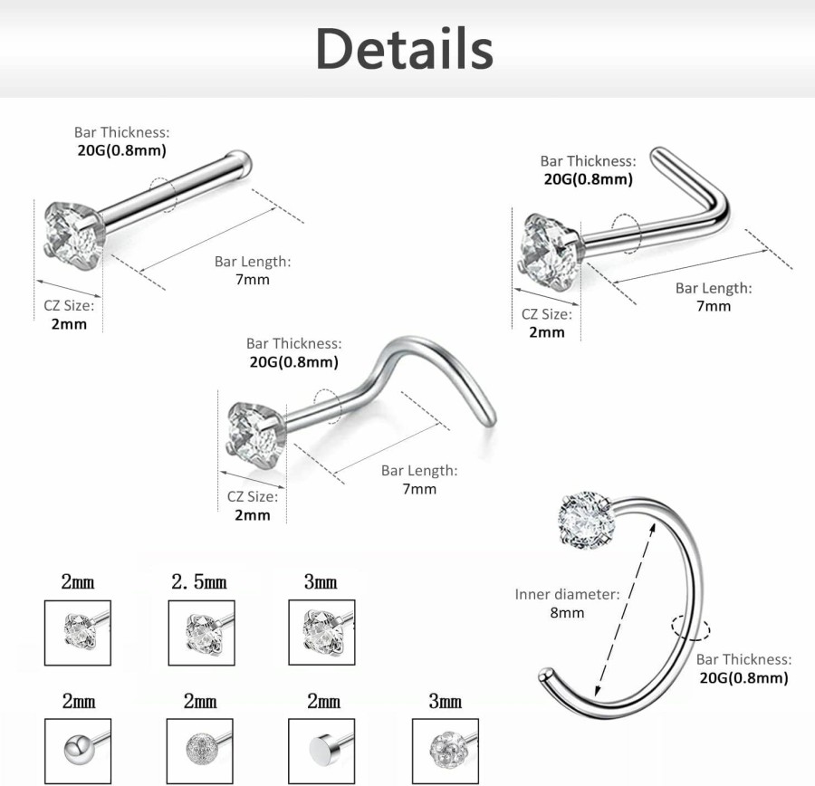 Wholesale ZS Zs 20G Nose Rings For Women - 20Pcs L Shaped Nose Stud, Stainless Steel 8Mm Nose Rings Hoop, Cz Nose Screw Piercing Jewelry