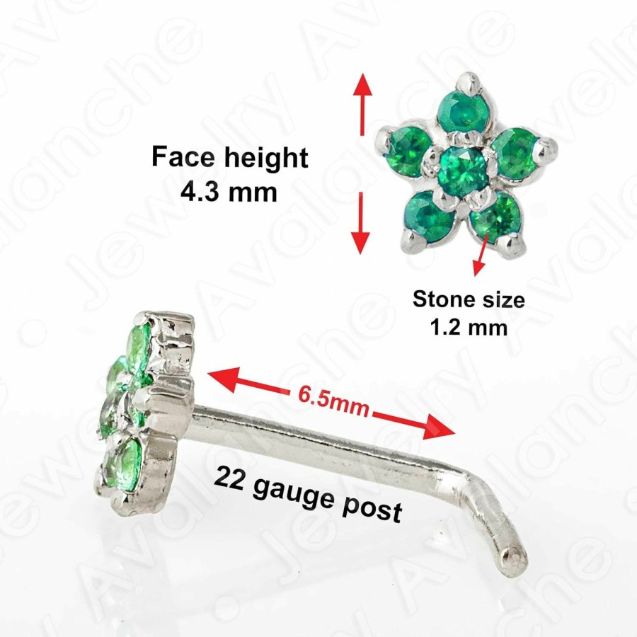 Best Jewelry Avalanche Jewelry Avalanche 22G Solid 14K Gold 6-Stone 0.05Ctw Emerald Flower Nose Stud - Nose Bone/L-Shape/Nose Screw Stud Nose Ring - May Birthstone Nose Stud