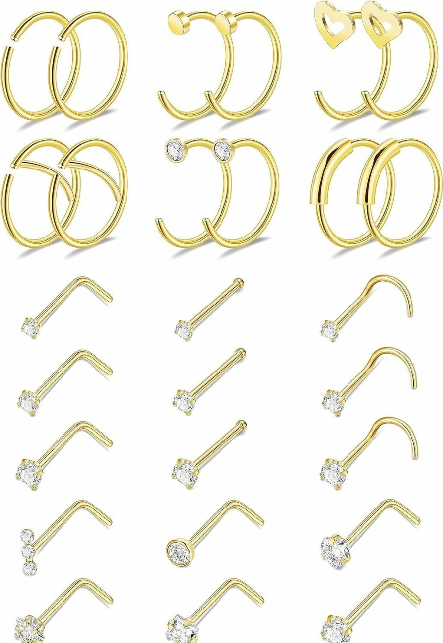 New NICEIGHT Niceight 27Pcs 22G Stainless Steel Nose Rings For Women Men Nose Rings Hoops L Shape Nose Studs Screw Nose Piercings Jewelry Set