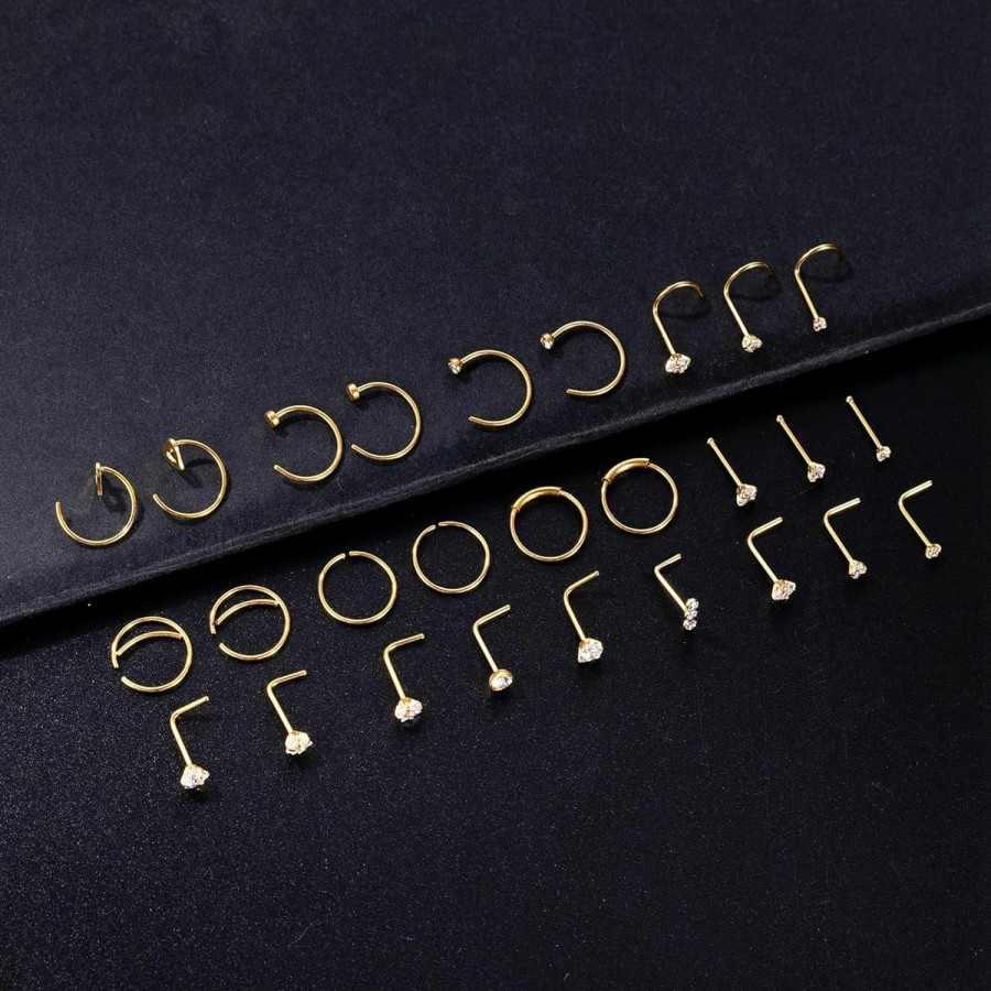 New NICEIGHT Niceight 27Pcs 22G Stainless Steel Nose Rings For Women Men Nose Rings Hoops L Shape Nose Studs Screw Nose Piercings Jewelry Set