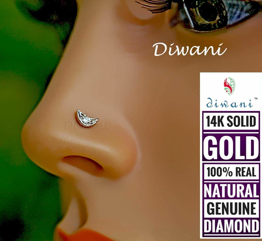 Wholesale DIWANI Diwani 14K Gold Gii Certified Natural Si Diamond Moon Shape Engagement Nose Lip Labret Monroe Piercing Ring Stud Screw Pin 0.30 Cents, G/H Colour 18 Gauge Thick 8.0Mm Length Screw Back Post