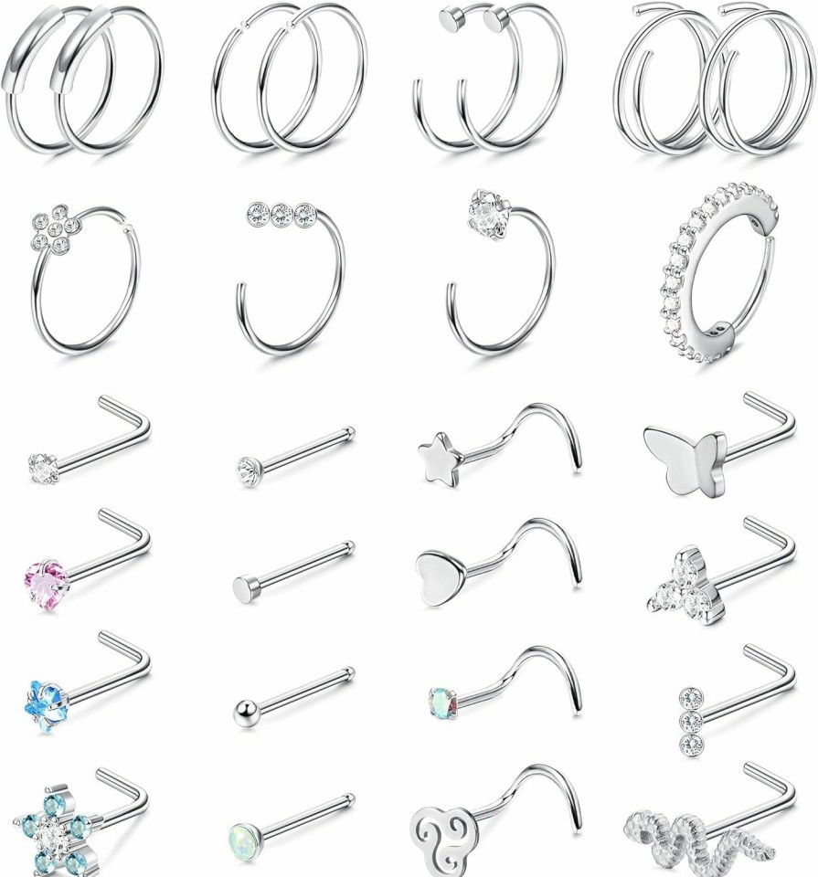 Best Florideco Florideco 20G Surgical Steel Nose Rings For Women Men L Shaped Screw Nose Studs Nose Rings Hoop Nose Piercing Jewelry 28Pcs