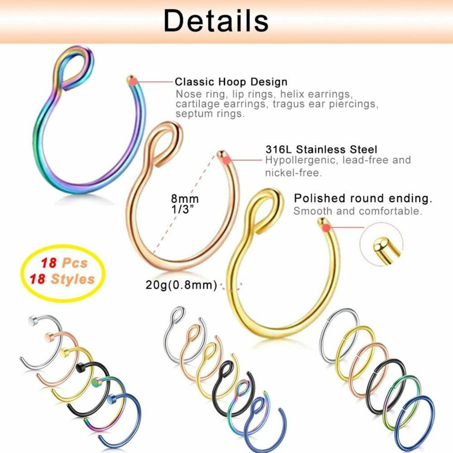 Wholesale PunkTracker 48Pcs Nose Rings Surgical Steel Nose Rings For Women Mix Color Nose Ring Hoops Stud Screw Nose Piercing Jewelry 20G