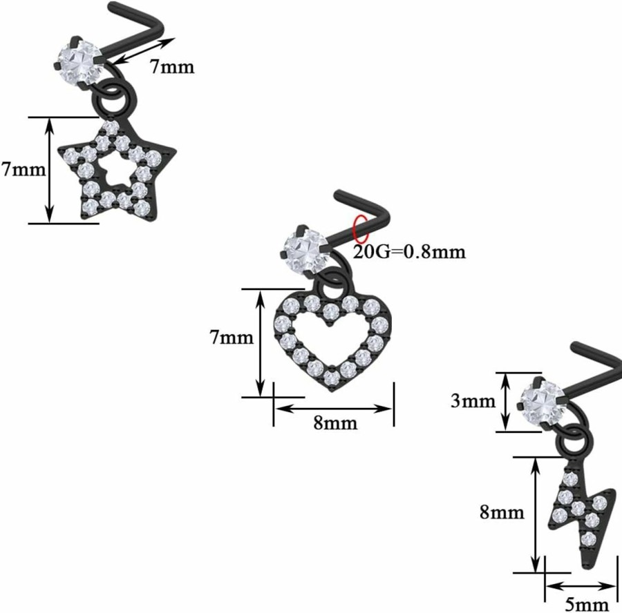 Hot Pierstyles Pierstyles 20G Nose Ring Stud, Surgical Steel Cz L Shaped Nose Ring For Women, Silver Gold Black Nose Ring Piercing Stud, Small Cute Dangling Star Heart Lightning Nose Nostril Piercing Jewelry