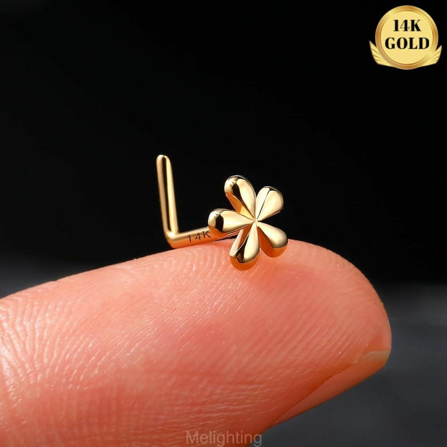 Online Melighting Meiighting Solid Gold Flower Nose Stud 20G Gold Nose Ring L Shaped 14K Solid Gold Nose Piercing Jewelry For Women Real Gold Nose Screw For Women